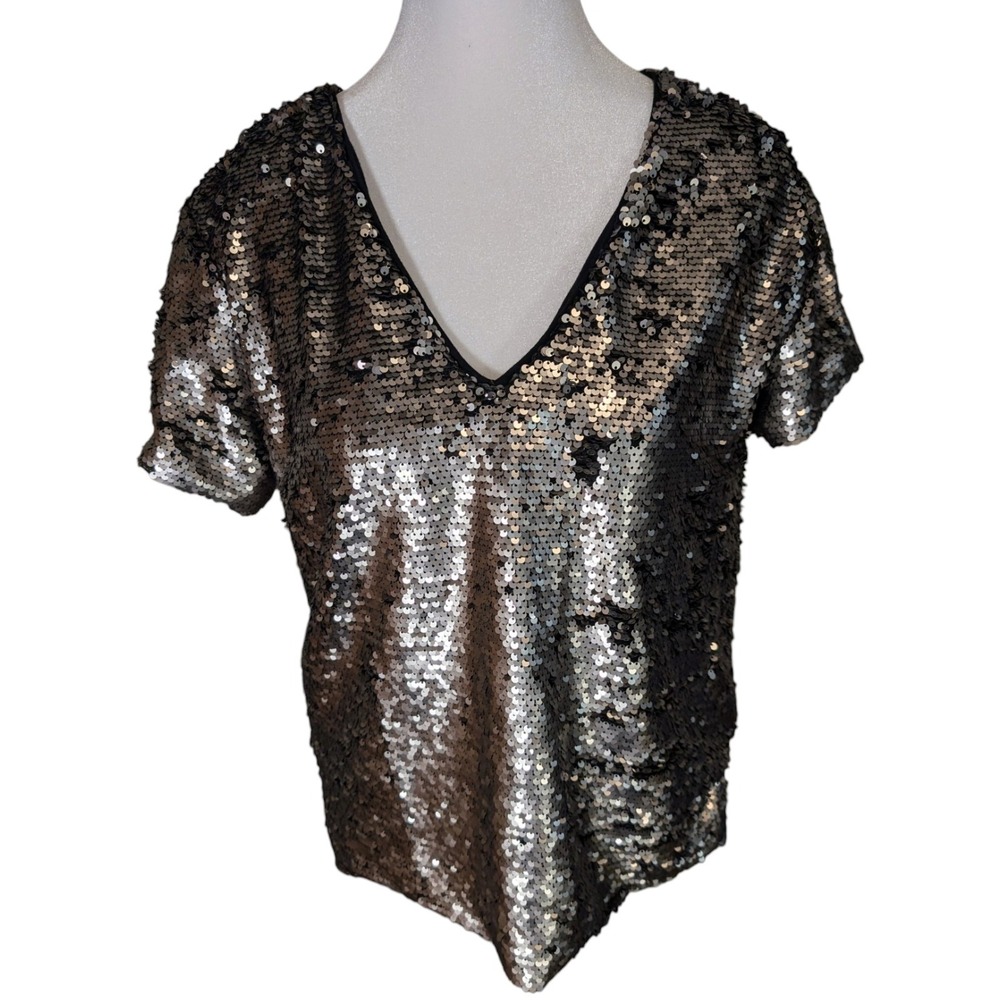 Vanessa Virginia Anthropologie Sequin V-Neck Top Metallic Silver Gold Small